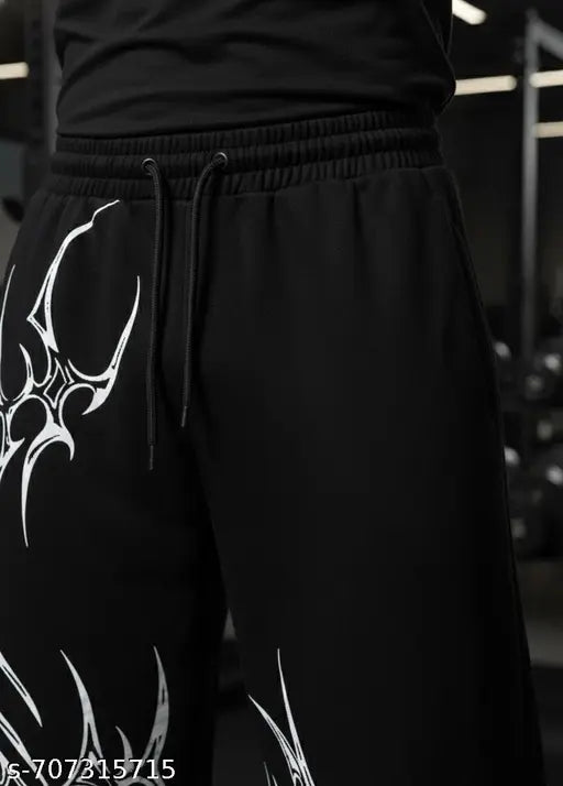 Men Solid Black Loose Fit  Pants with White Tribal Print | Comfortable Elastic Waist Track Pant for Daily Wear, Gym, Street Style & Casual Outfits