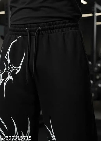 Men Solid Black Loose Fit  Pants with White Tribal Print | Comfortable Elastic Waist Track Pant for Daily Wear, Gym, Street Style & Casual Outfits