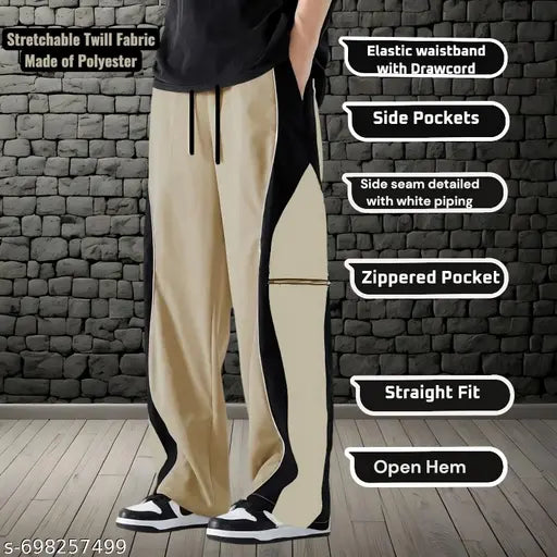 Men Casual Straight Fit Track Pants | Polyester Stretch Lowers with Contrast Side Panel, Piping Detail & Zipper Pocket