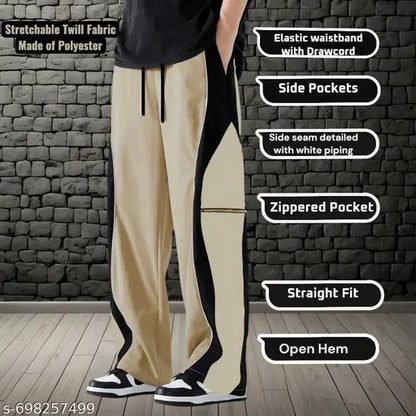 Men Casual Straight Fit Track Pants | Polyester Stretch Lowers with Contrast Side Panel, Piping Detail & Zipper Pocket