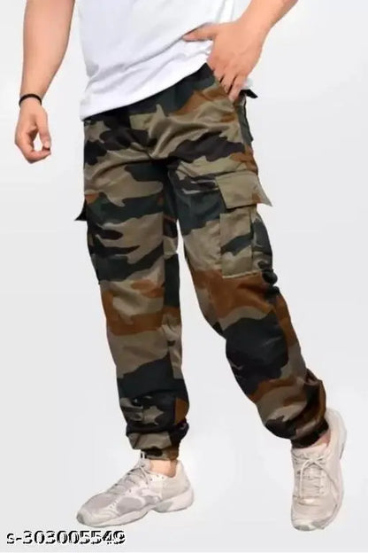 Men's Regular Fit Army Print Cargo Style Casual Trousers Pants