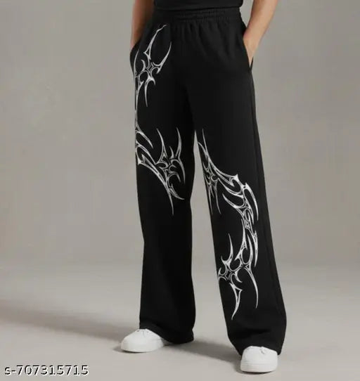 Men Solid Black Loose Fit  Pants with White Tribal Print | Comfortable Elastic Waist Track Pant for Daily Wear, Gym, Street Style & Casual Outfits