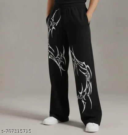 Men Solid Black Loose Fit  Pants with White Tribal Print | Comfortable Elastic Waist Track Pant for Daily Wear, Gym, Street Style & Casual Outfits