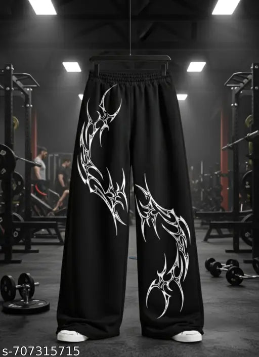 Men Solid Black Loose Fit  Pants with White Tribal Print | Comfortable Elastic Waist Track Pant for Daily Wear, Gym, Street Style & Casual Outfits