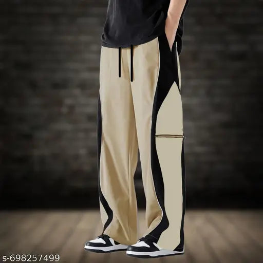 Men Casual Straight Fit Track Pants | Polyester Stretch Lowers with Contrast Side Panel, Piping Detail & Zipper Pocket