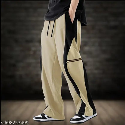 Men Casual Straight Fit Track Pants | Polyester Stretch Lowers with Contrast Side Panel, Piping Detail & Zipper Pocket