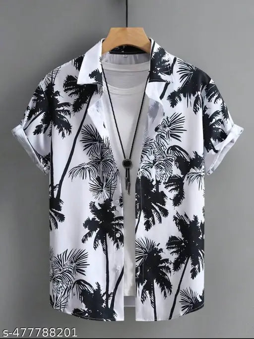 Men's Summer Palm Tree Printed Short Sleeve Casual Shirt, Vacation Style